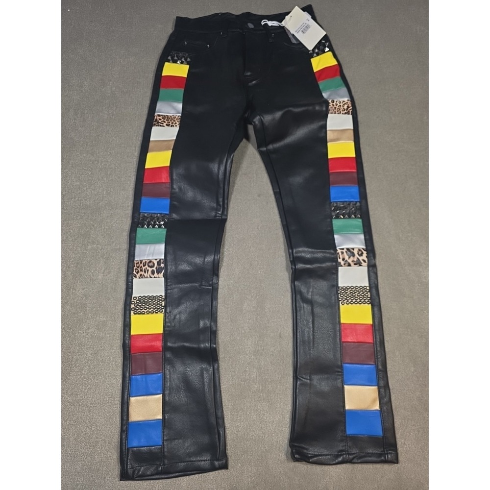 Mens Black Faux Leather Studded Side Stripe Pants NWT Streetwearr Size 28